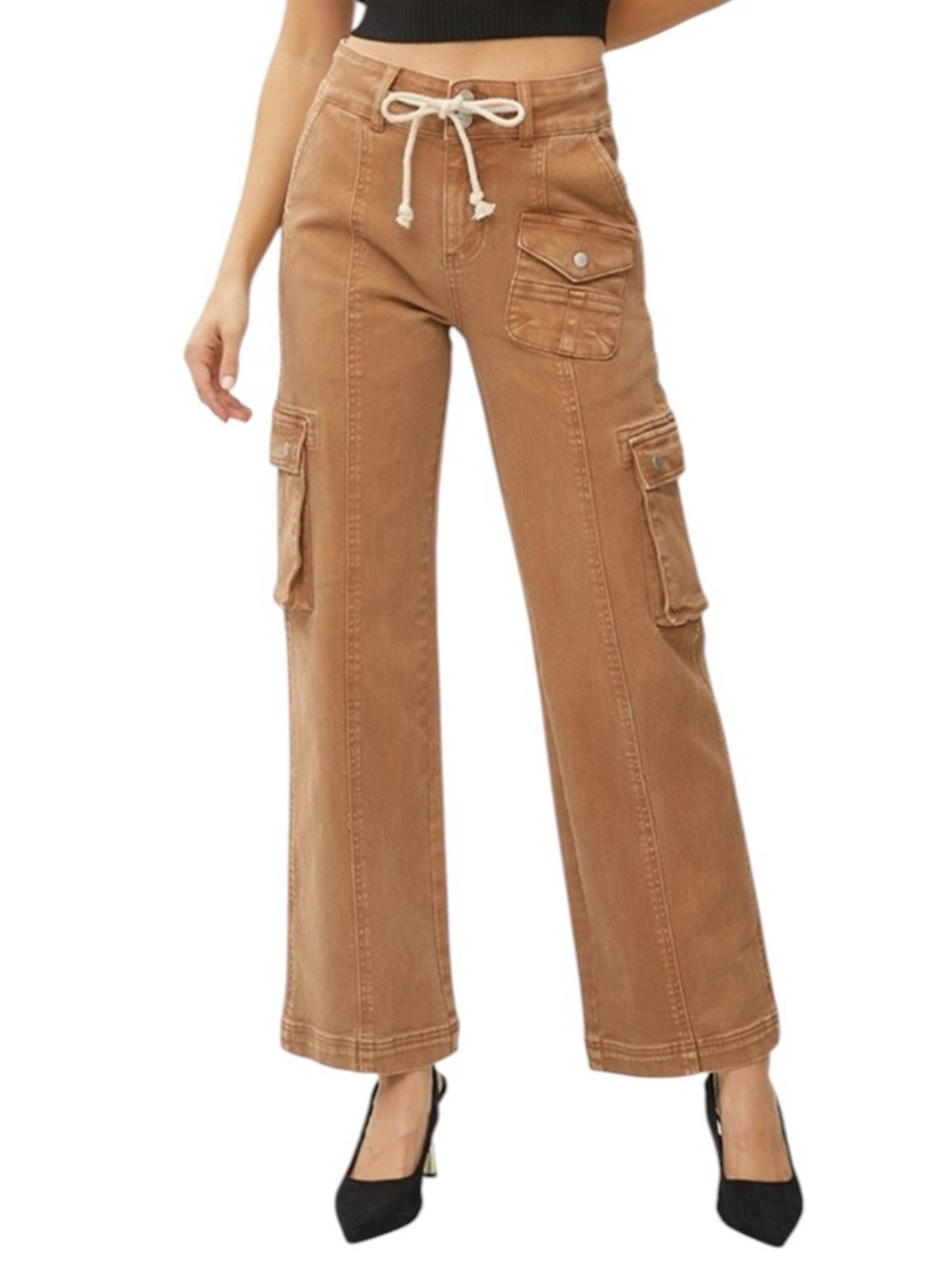 NWT RISEN Women's Tan Cargo Wide-Leg Pants with Drawstring Waist SZ 15/32